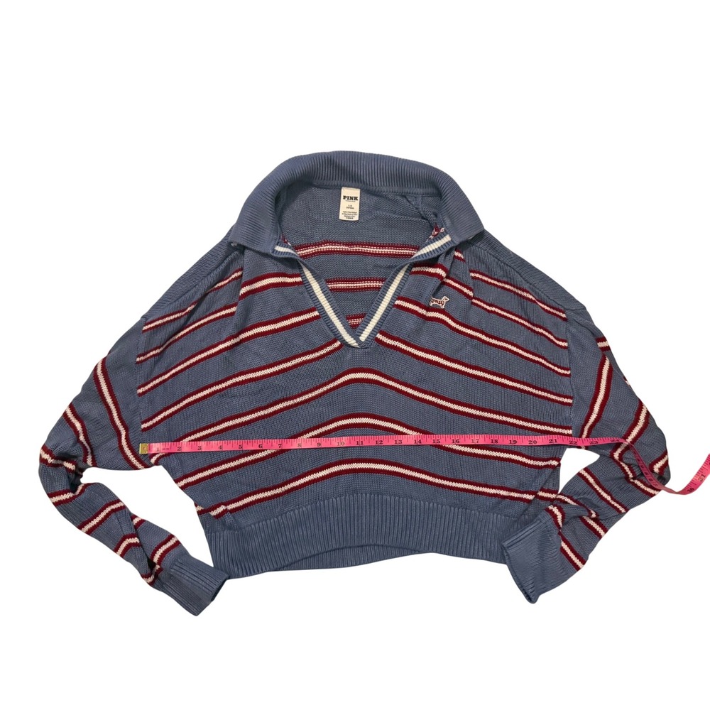 PINK Victorias Secret Cropped Polo Sweater Blue Striped Knit Pullover Large - Picture 2 of 5